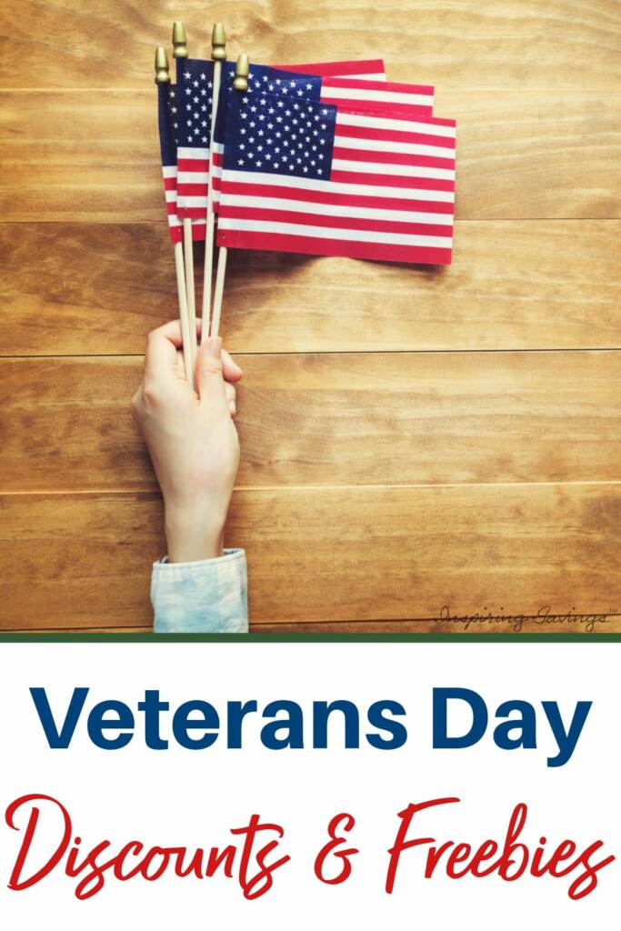 Veterans day free and discounted offers for food and services/ Pcitured hand holding American flag