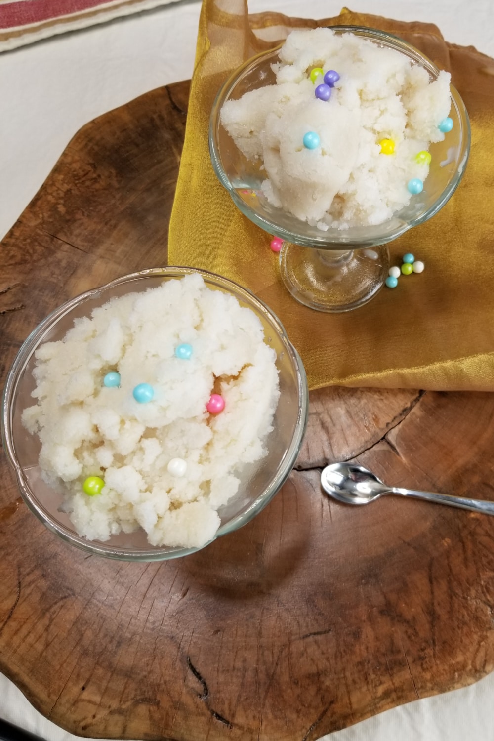 Snow Ice cream with Sprinkles in glass serving bowls