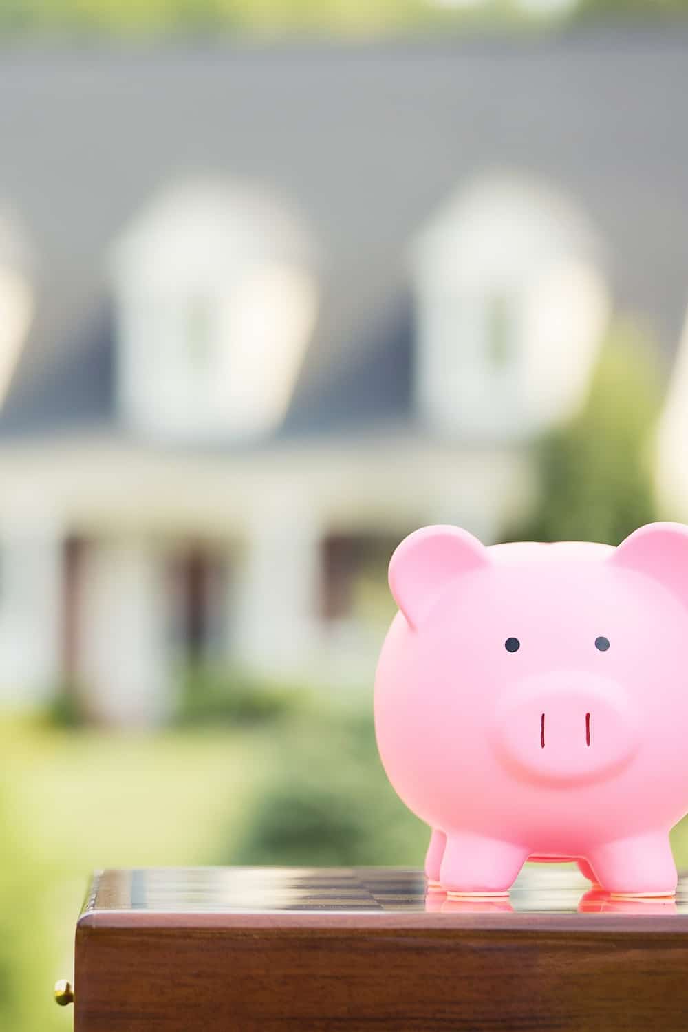 Pictured close up on Pink ceramic piggy bank on desk