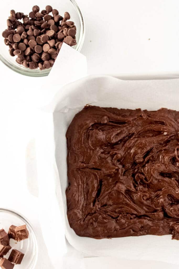 Brownie batter in 8x8  baking pan