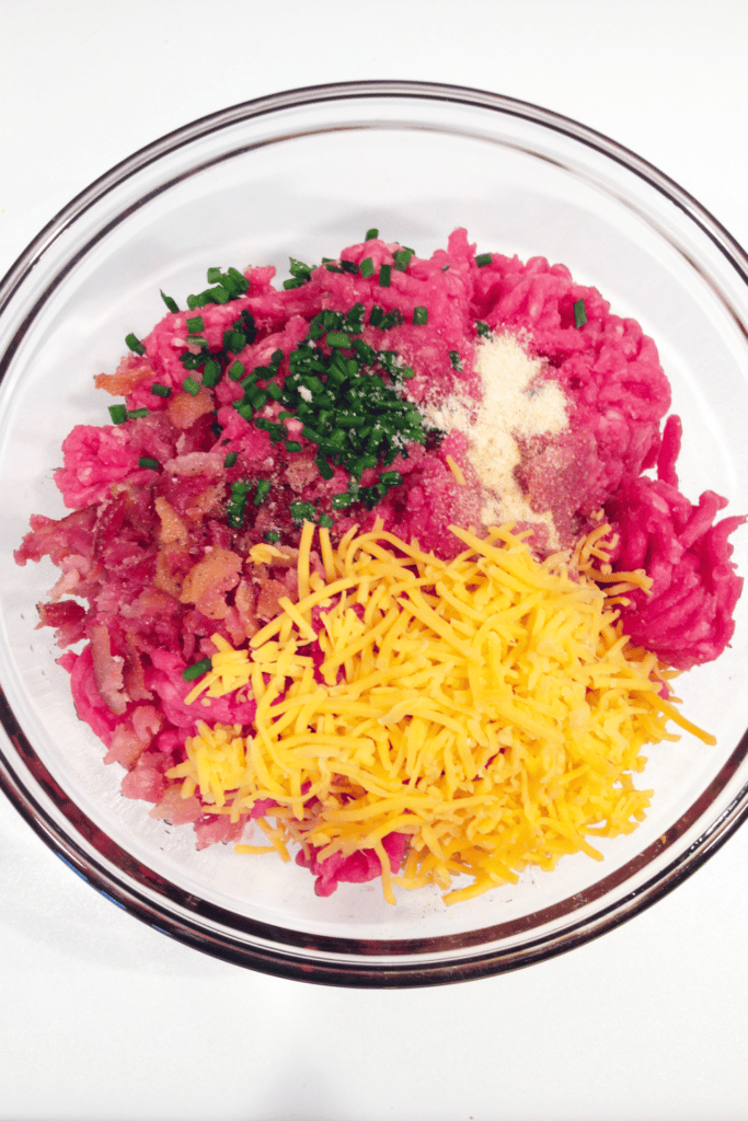 Ingredients for cheeseburger in large bowl, ground beef, cheese, bacon, green onions and spices