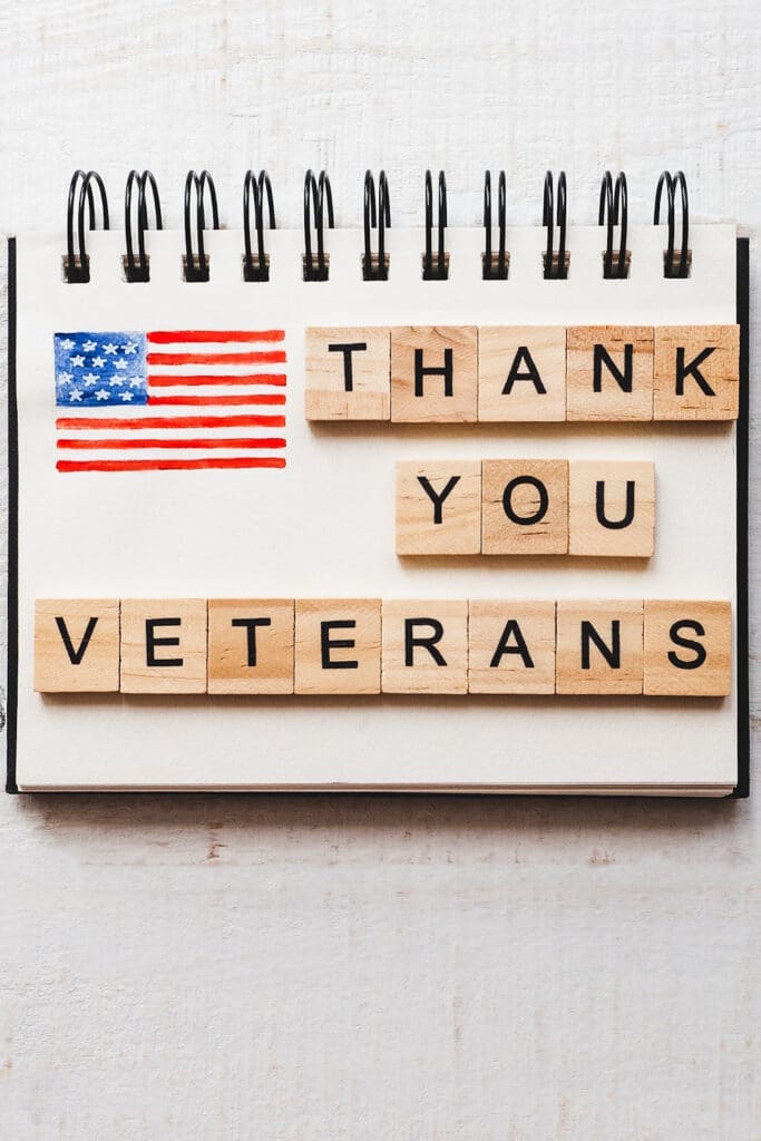 Thank you Veterans - Sign. Pictured american flag on paper with the words thank you