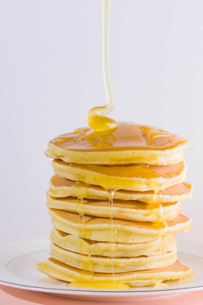 veterans restaurant pancakes. Pictured stack of pancakes with butter and syrup