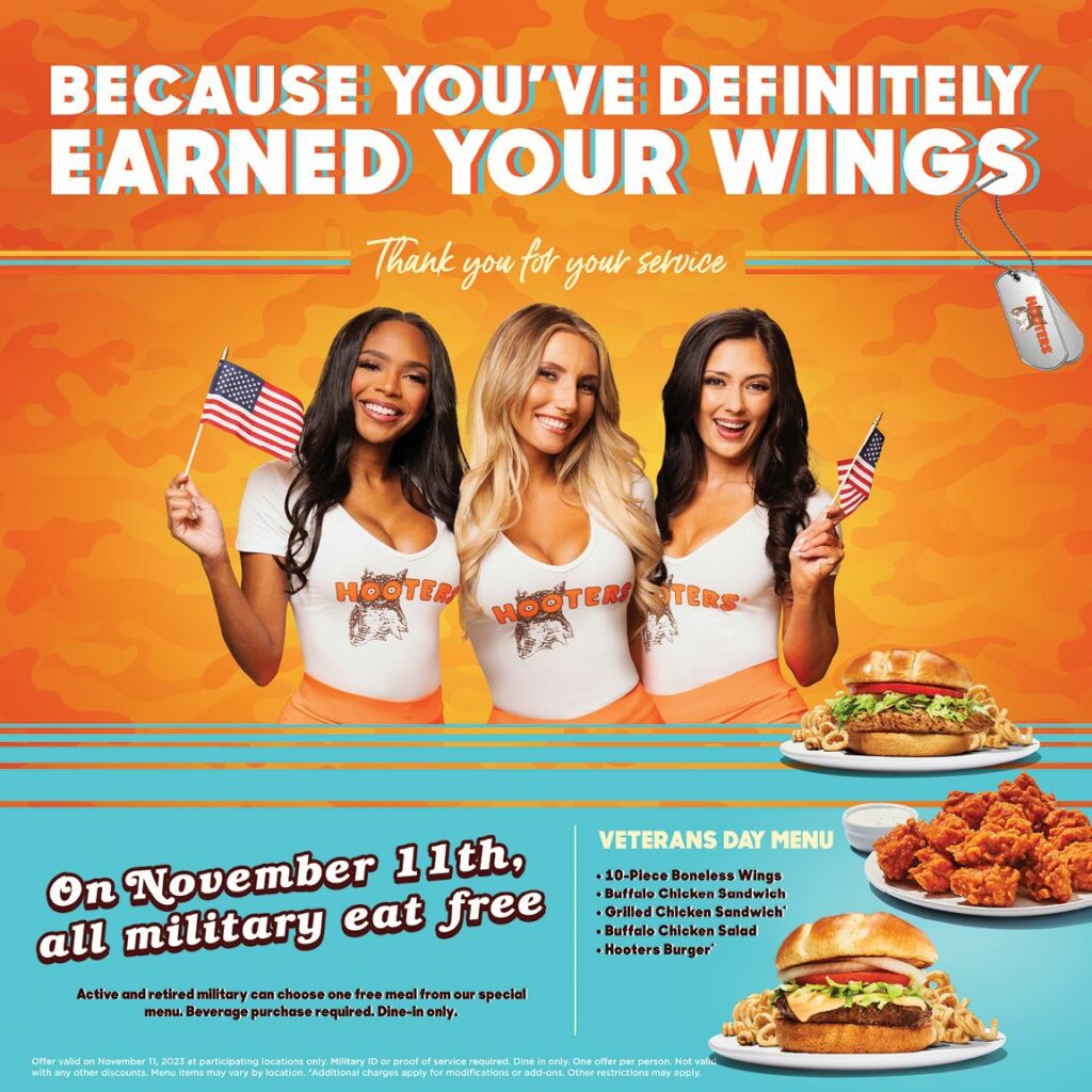 Hooters restaurant - pictured veterans day special meals for free at particpating hooters.