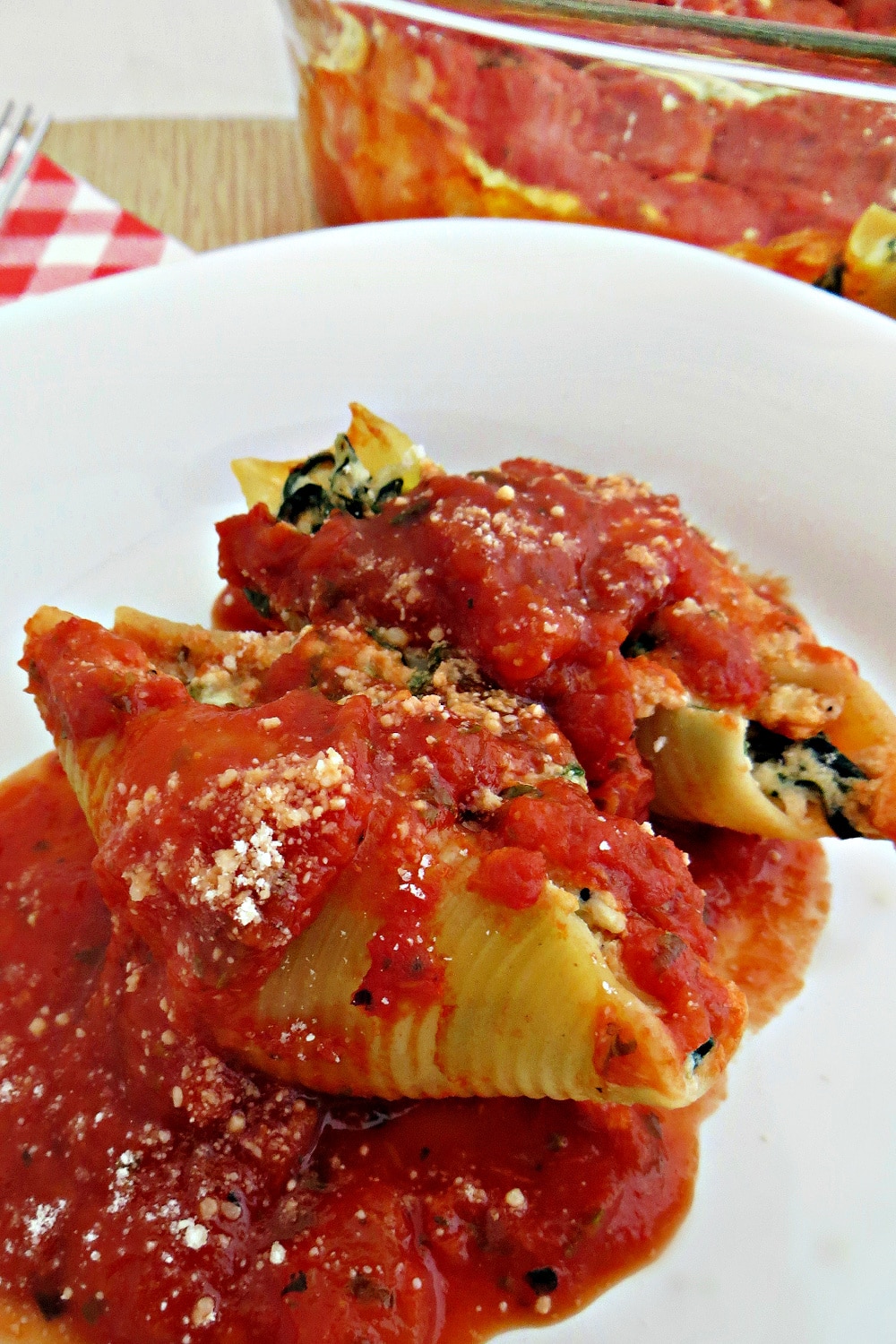 Stuffed Shells Italian on white plate