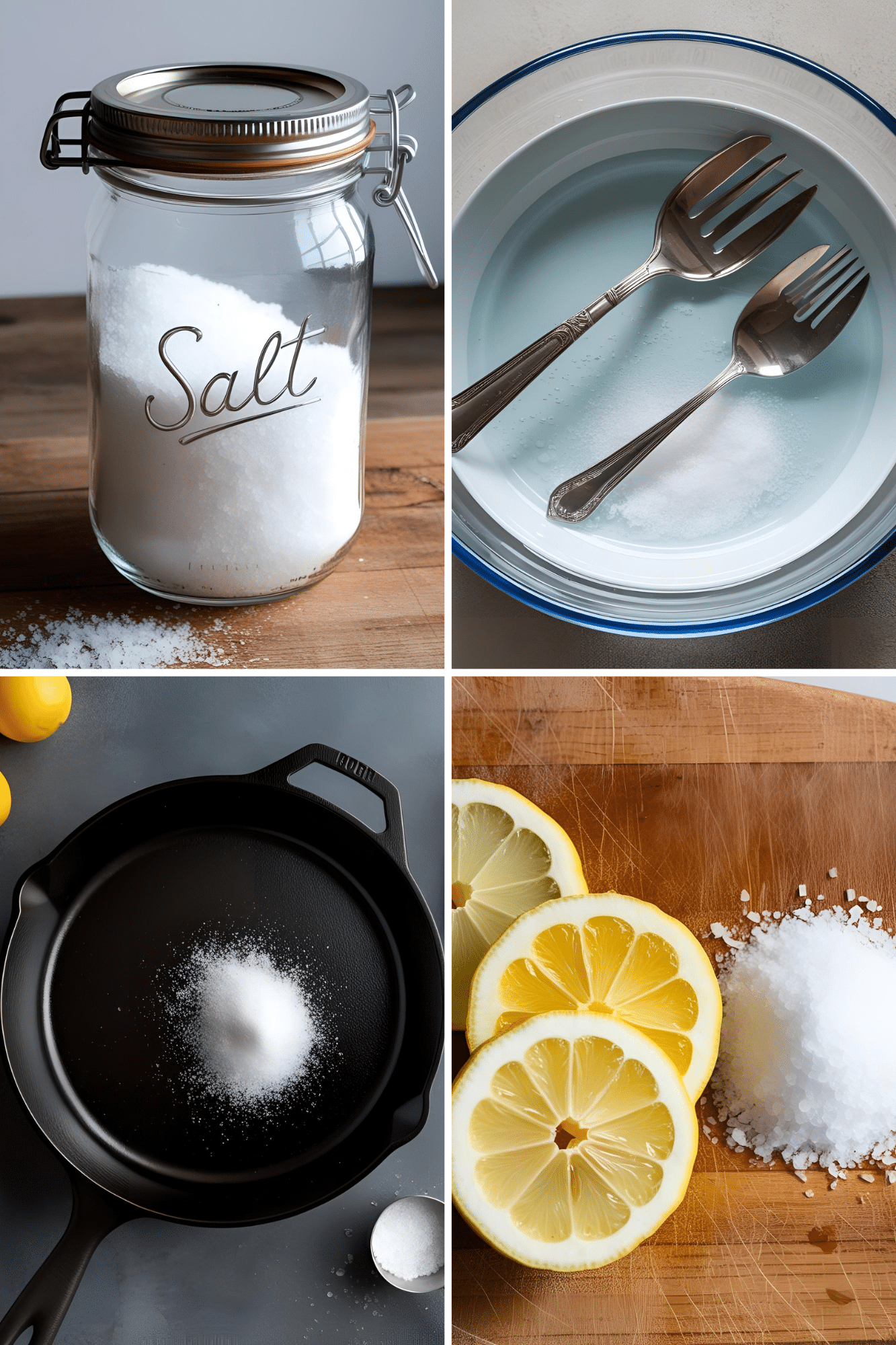 Photo Collage of the many uses of salt around the home.